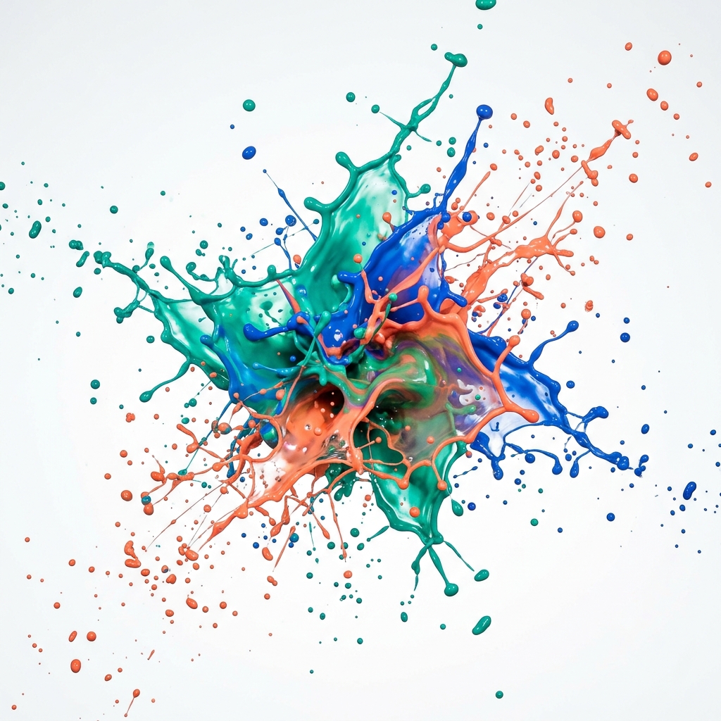 Vibrant water-based ink droplets mixing in the air